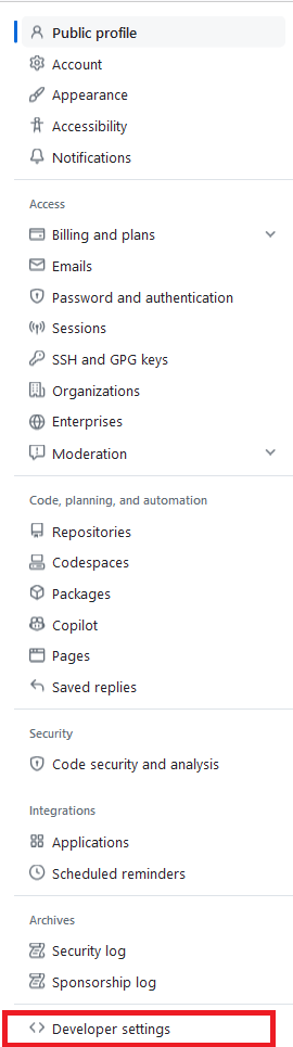 screenshot showing GitHub developer settings