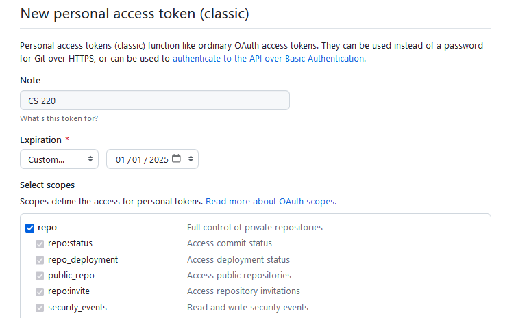 screenshot showing settings for new GitHub token
