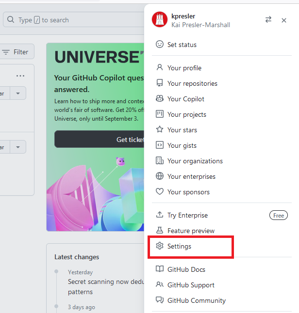 screenshot showing GitHub User Menu